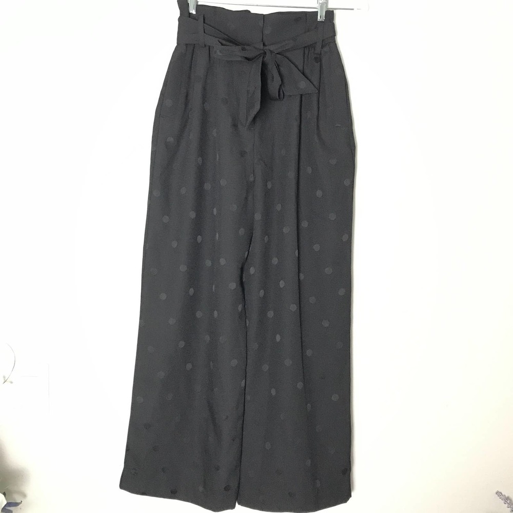 H&M Black Polka Dot Paper Bag Waist Wide-Leg Pants SZ 2
